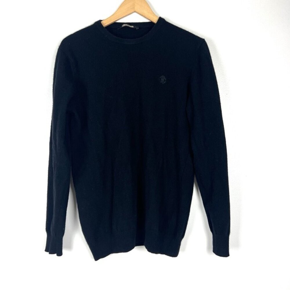 Roberto Cavalli Designer Sweater L Black‎ Midweight Wool Cashmere Crewneck Logo